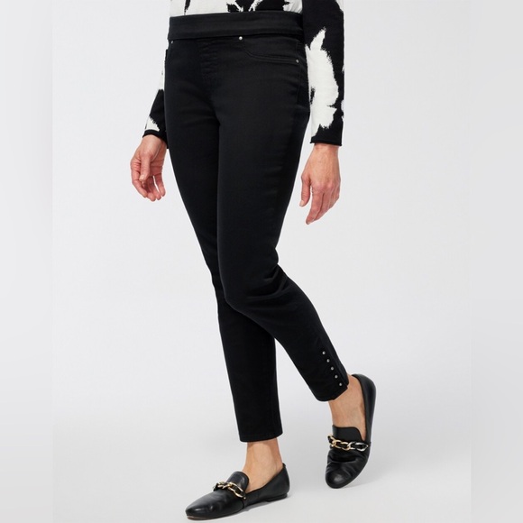 Chico's Pants - Chicos leggings black NWT pull on waist studded hem skinny leg women’s 3 / 16